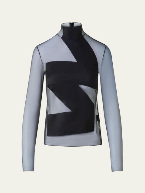 Mock-Neck Zigzag Tulle Long-Sleeve Top