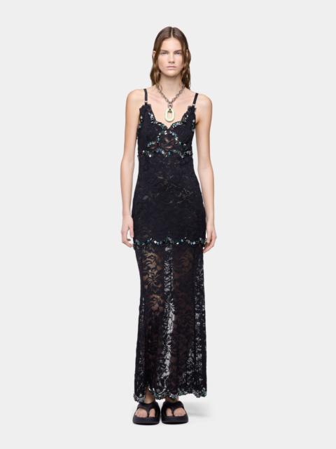 LONG DRESS IN BLACK HAND EMBROIDERED LACE