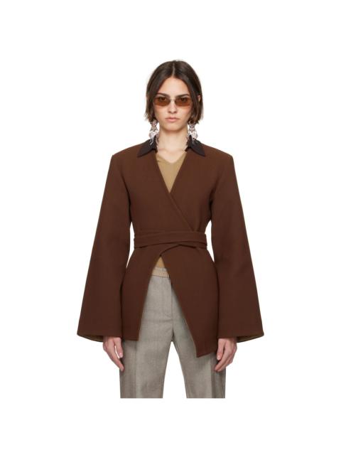 Brown Asymmetrical Pique Wrap Blazer