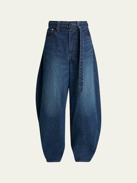 Belted Denim Barrel-Leg Pants