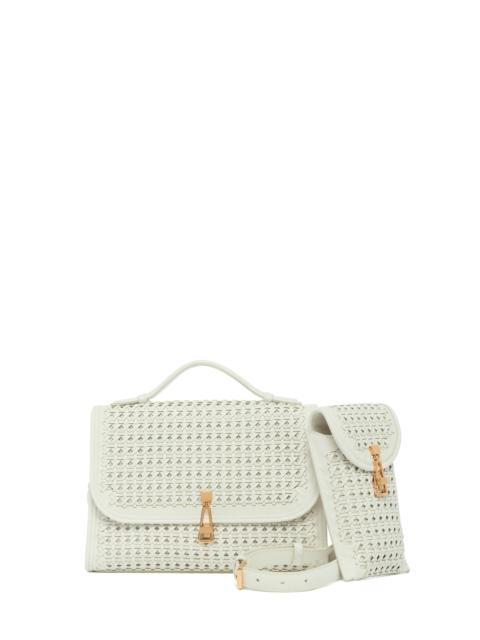 Medium Leonora Flap Bag in White Woven Leather with Sunglass Pouch