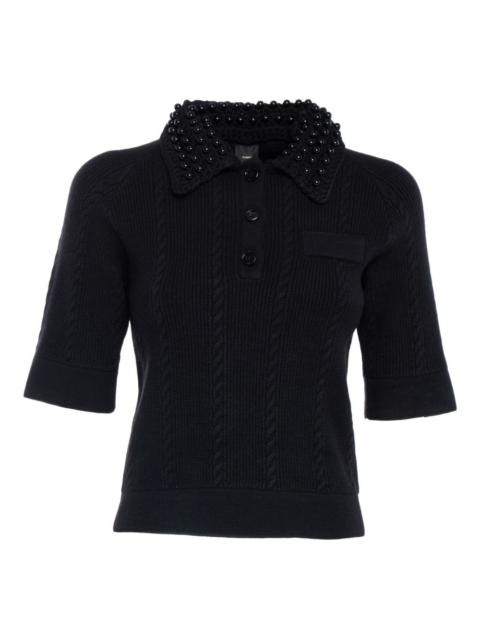 beaded-collar cable-knit knitted polo top
