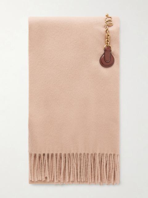 Fringed Embellished Leather-trimmed Wool Scarf