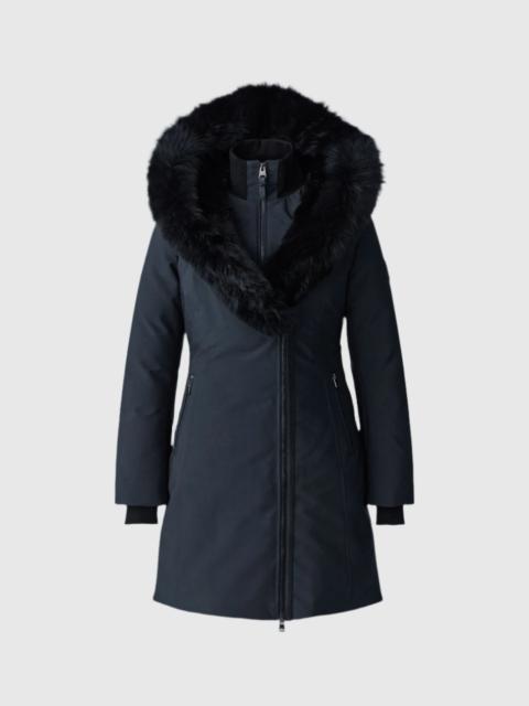 TRISH Powder Touch down coat with blue fox fur Signature Mackage Collar