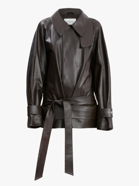 Cropped Belted Leather Trench In Dark Chocolate