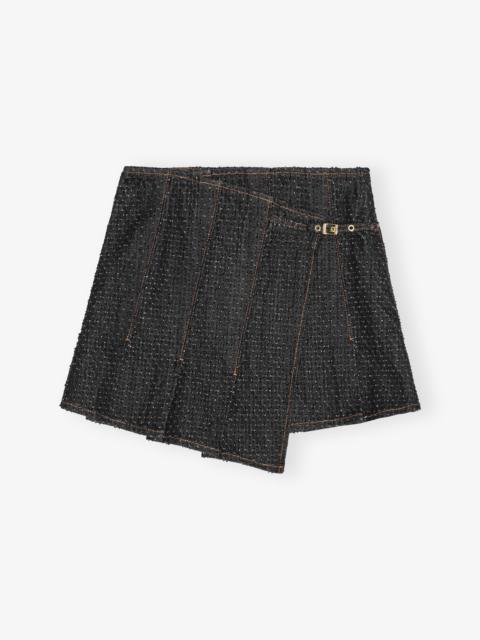 BLACK FLUFFY DENIM WRAP MINI SKIRT