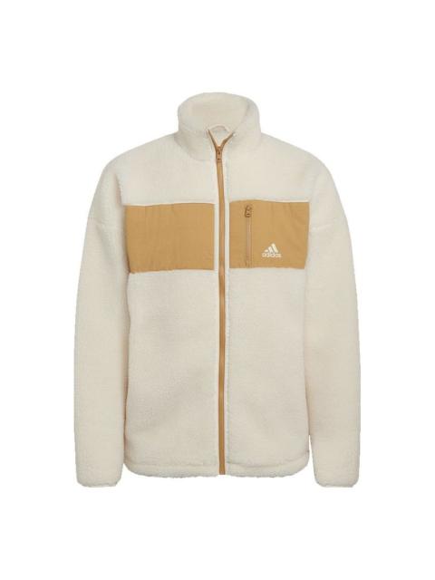 adidas Winter Jacket Colorblock Splicing Fleece Stay Warm logo Sports Stand Collar Creamy White HI11