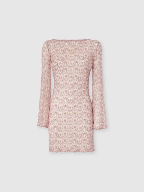 Long-sleeved mini cover-up dress in lamé viscose with foliage motif