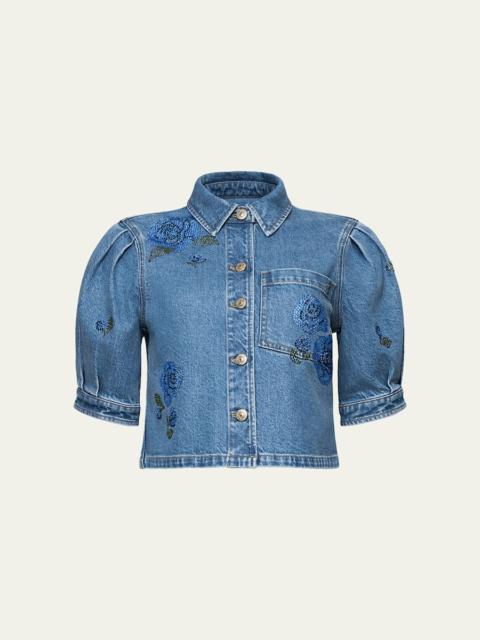 Cropped Heatset Roses Denim Jacket