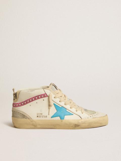 Women's Mid Star in leather with light blue star and fuchsia suede flash with platinum studs