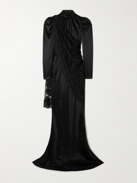 Cape-effect Lace-trimmed Silk-satin Gown