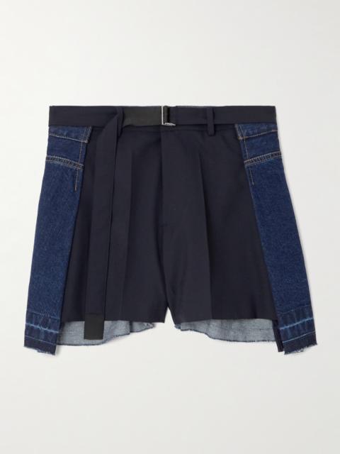 Belted Pleated Denim And Shell Shorts