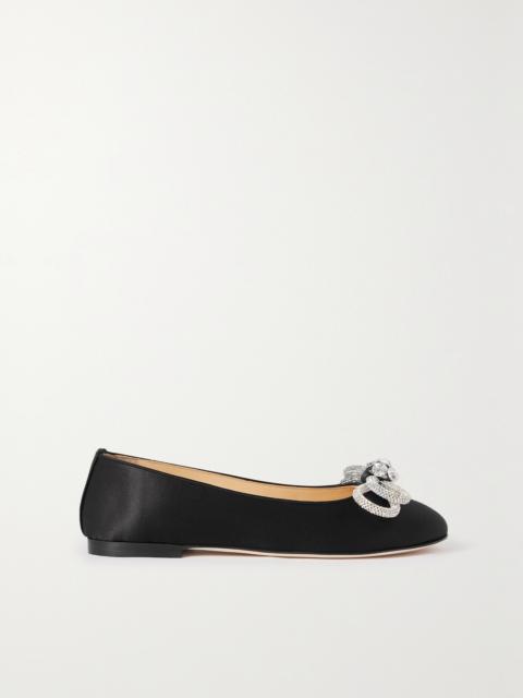 Double Bow Glitter Crystal-embellished Satin Ballet Flats