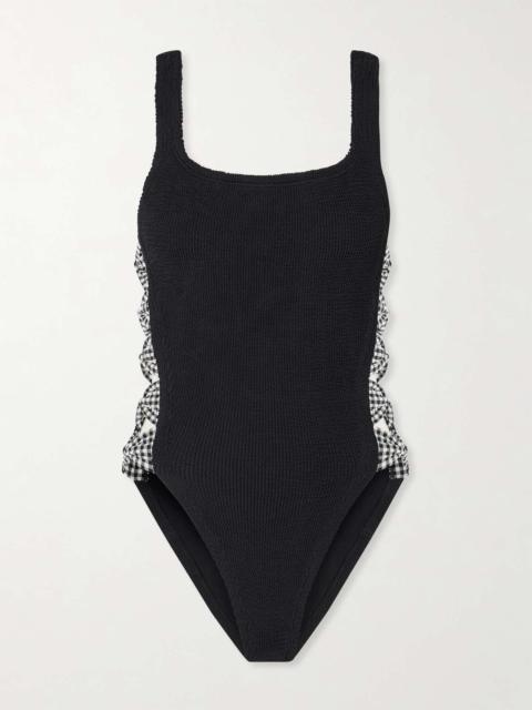 Tiffany cutout gingham-trimmed seersucker swimsuit Black