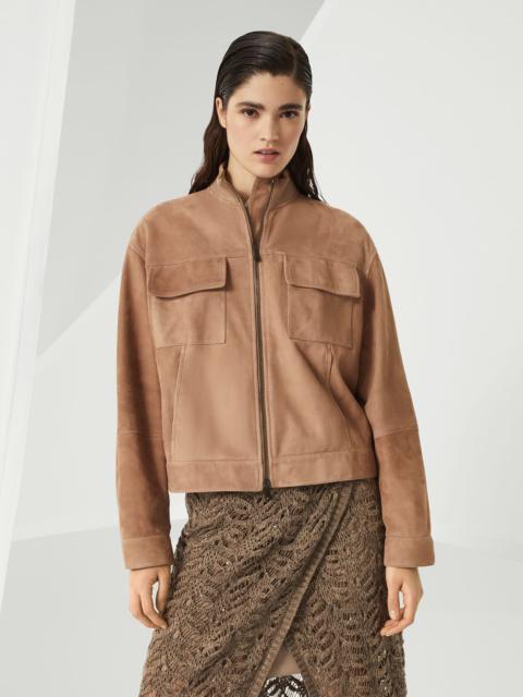 Couture suede outerwear jacket with monili