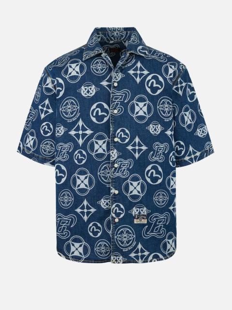 Allover Kamon Print Relax Fit Denim Short Sleeves Shirt