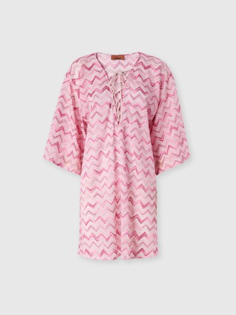 Short viscose-blend tulle kaftan with slub zigzag