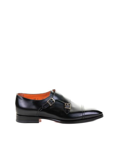 double-buckle leather monk shoes