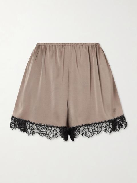 Lace-trimmed Embroidered Satin Shorts