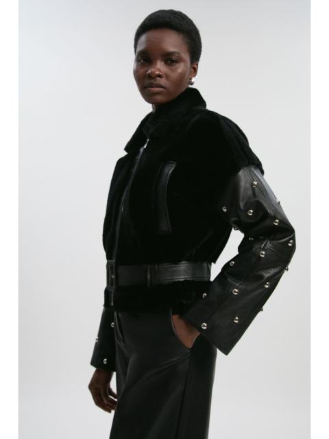 Shearling & Leather Mix Studded Biker Jacket