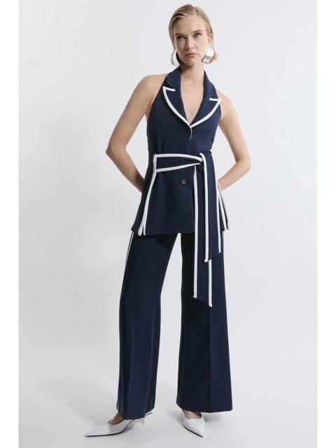 Compact Stretch Contrast Tipped Belted Wide Leg Tailored Jumpsuit