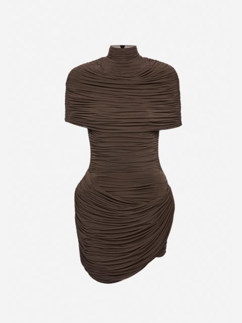 High-neck draped mini dress with cape detail in brown