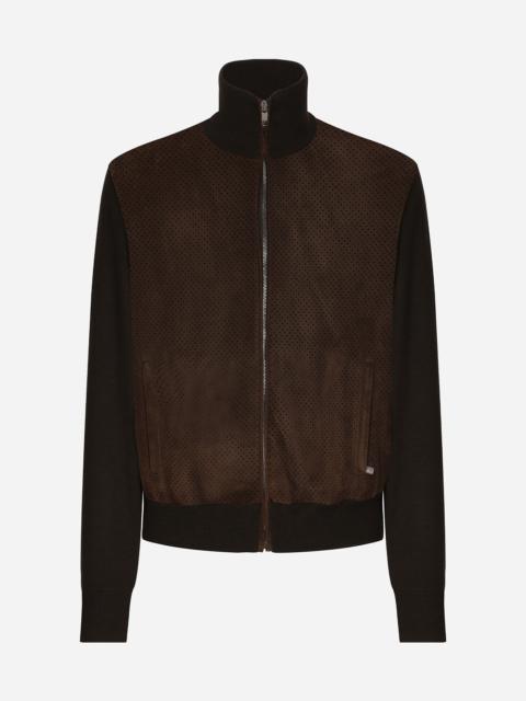 High-necked leather and wool jacket