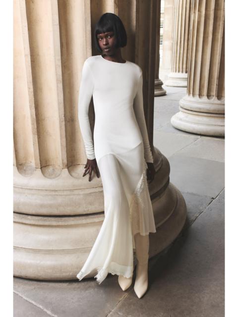 Viscose Blend Slinky Sheer Lace Detail Asymmetric Knit Maxi Dress