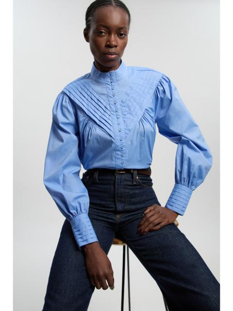 Cotton Pleated High Neck Balloon Sleeve Woven Blouse