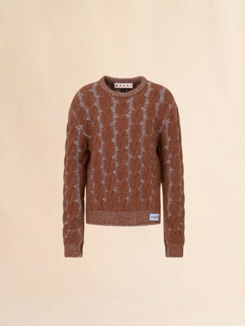 BROWN MOULINÉ WOOL-VISCOSE SWEATER WITH CABLE PATTERN