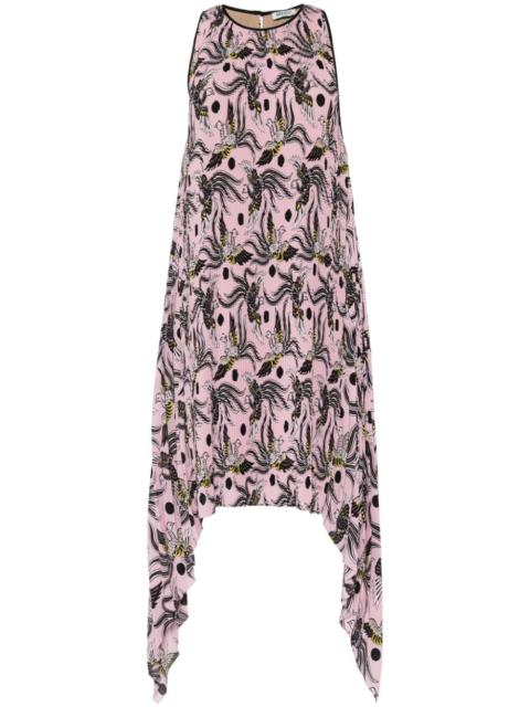 bird-print plissÃ© midi dress