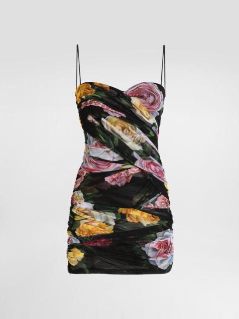 Short tulle dress with draping and peony and rose print