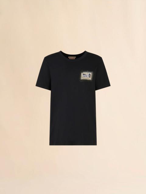 BLACK COTTON T-SHIRT WITH SMALL MARNI COLLAGE PRINT
