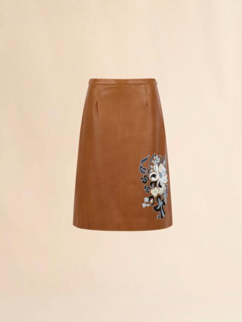 BROWN LEATHER SKIRT WITH FLOWER INTARSIA