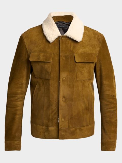 Men's Suede Shearling-Collar Bomber Jacket