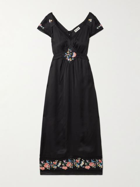 Carey lace-trimmed embroidered satin midi dress Black