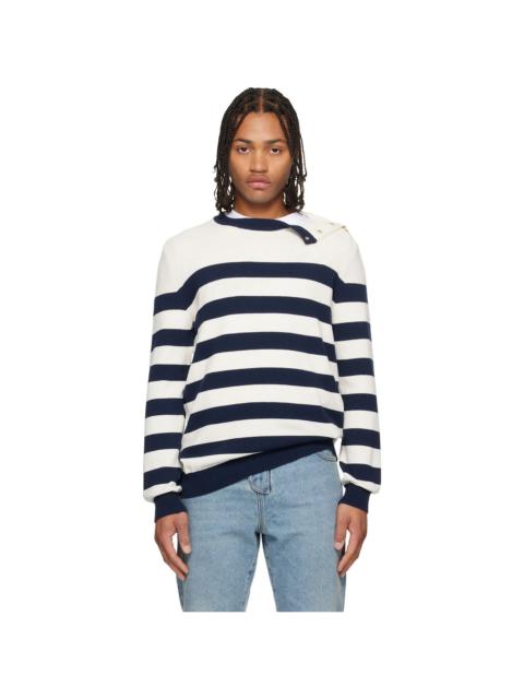 White & Navy Buttoned Marinière Knit Sweater