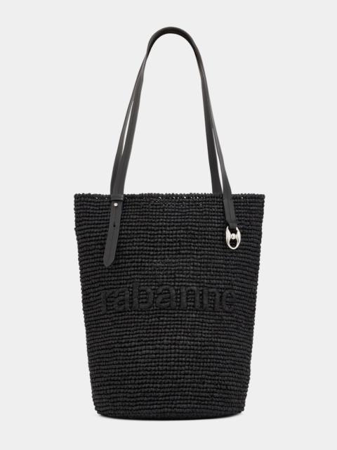 BLACK RAFFIA TOTE BAG WITH LOGO