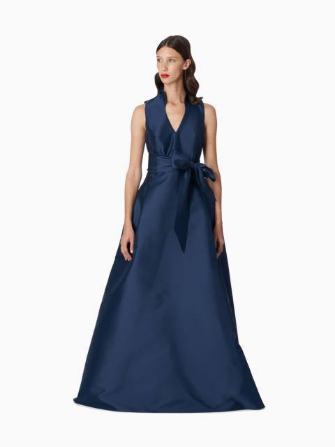 V-neck Gown With Stand Collar And Self Belt