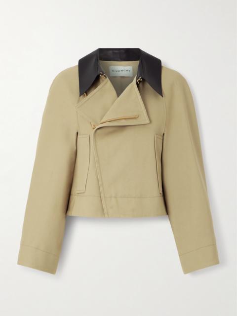 Cropped Leather-trimmed Cotton And Wool-blend Twill Jacket