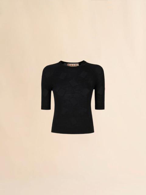 BLACK WOOL-SILK KNIT OPENWORK TOP