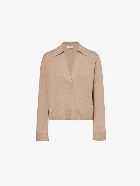 Polo-collar long-sleeve cotton and cashmere top