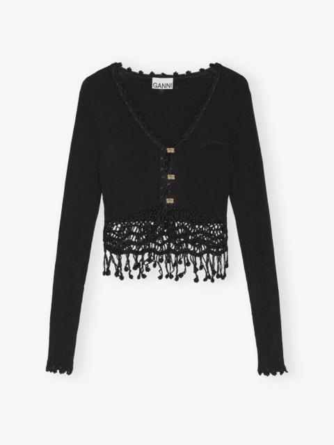BLACK SHINY VISCOSE CROCHET CARDIGAN