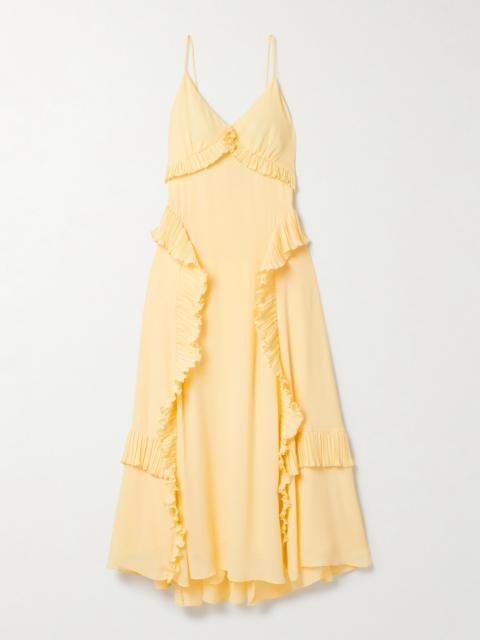 Delilah Ruffled Plissé-trimmed Crepe De Chine Midi Dress