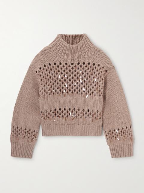 Paillette-embellished Open-knit Cashmere Sweater