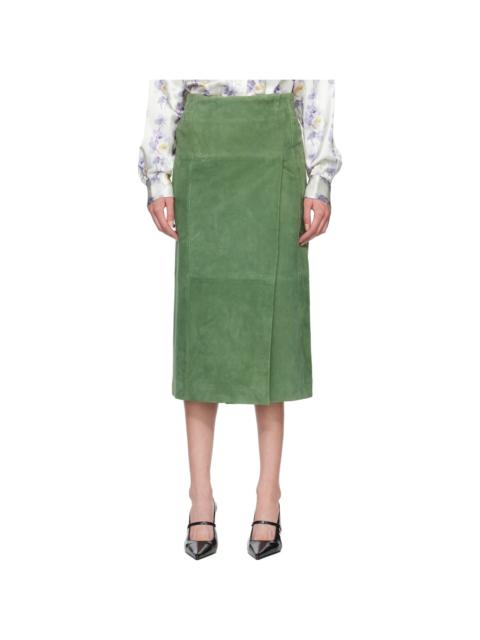 Green Suede Long Wrap Midi Skirt