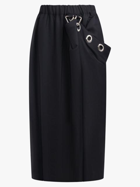 ELASTIC WAIST MIDI SKIRT WITH DRAPED EYELET PANEL | BLACK