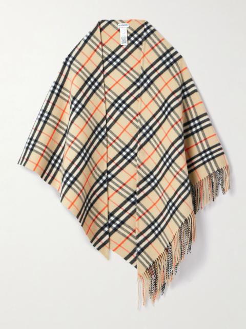 Fringed checked wool and cashmere-blend cape Sand
