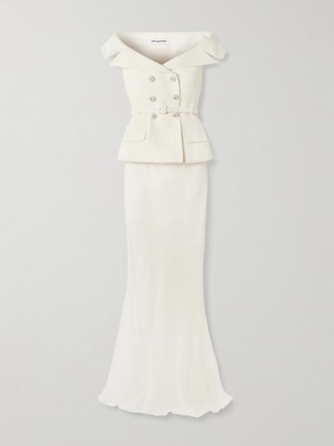 Off-the-shoulder Belted Metallic Bouclé And Crepe Maxi Dress