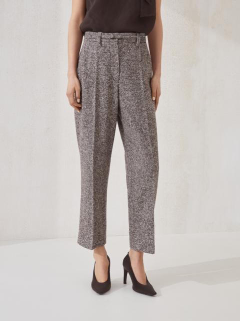 Techno virgin wool and silk mélange diagonal straight cropped trousers with monili